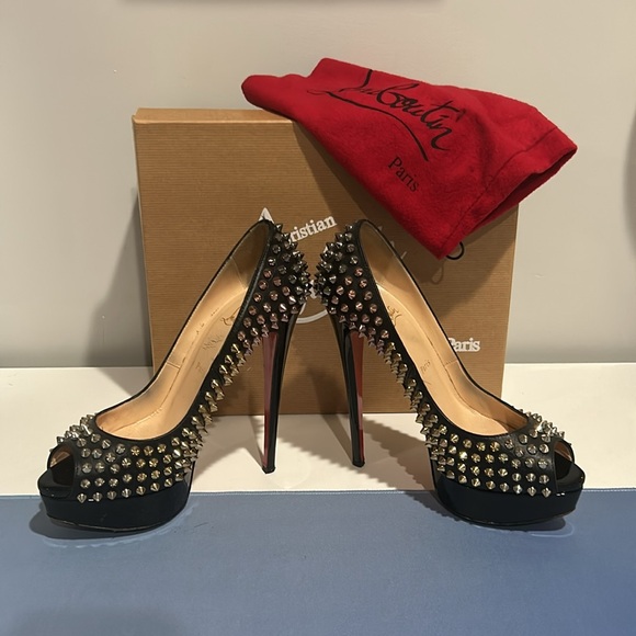 CHRISTIAN LOUBOUTIN Lady Peep
Heels Womens Sz 38.5 
Rainbow Spike
Black Leather - Picture 5 of 12